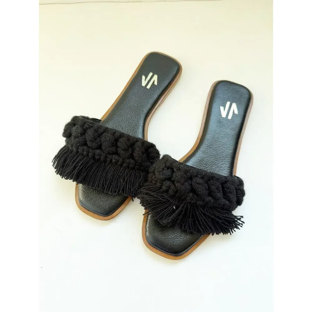 New Silvia Cobos Women S Candy Fringe Flat Sandals Black Size 8